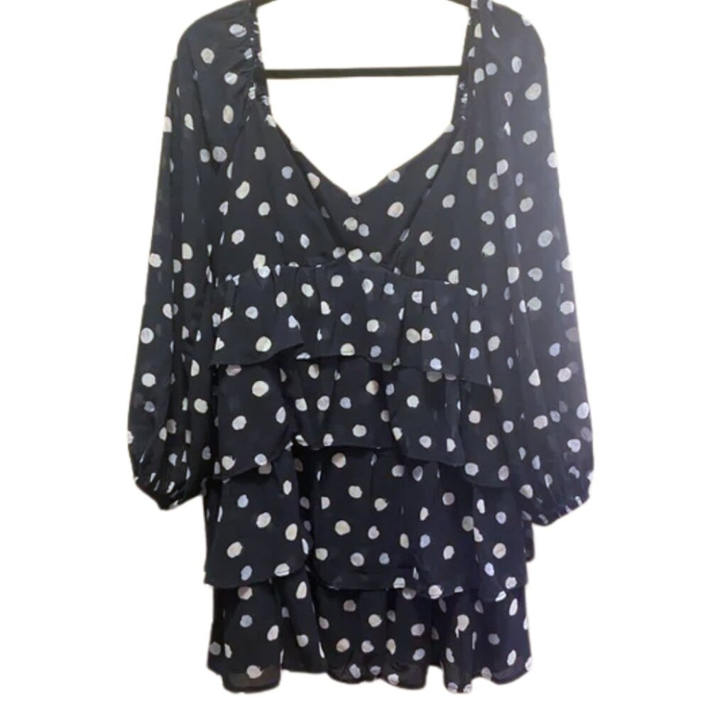 Long-Sleeve Ruffle Tiered Mini Dress | NAVY blue dot XS PETITE